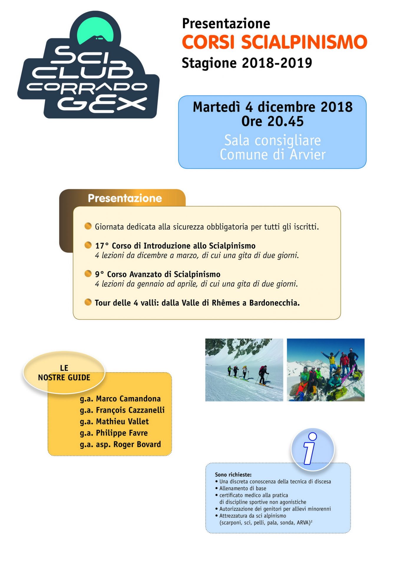 Presentazione attività stagione 2018-2019 Sci club Corrado Gex – Sezione sci alpinismo