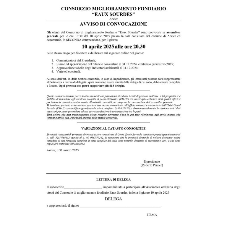 Convocazione Assemblea Generale CMF Eaux Sourdes in programma per mercoledì 15 aprile 2026