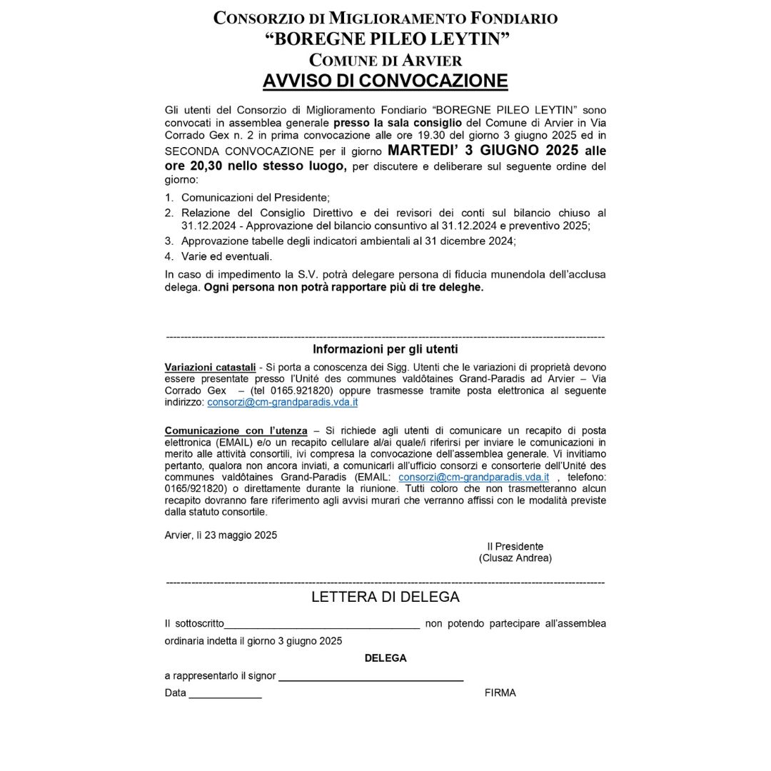 Convocazione Assemblea Generale CMF Borègne Pileo Leytin in programma per martedì 3 giugno 2025