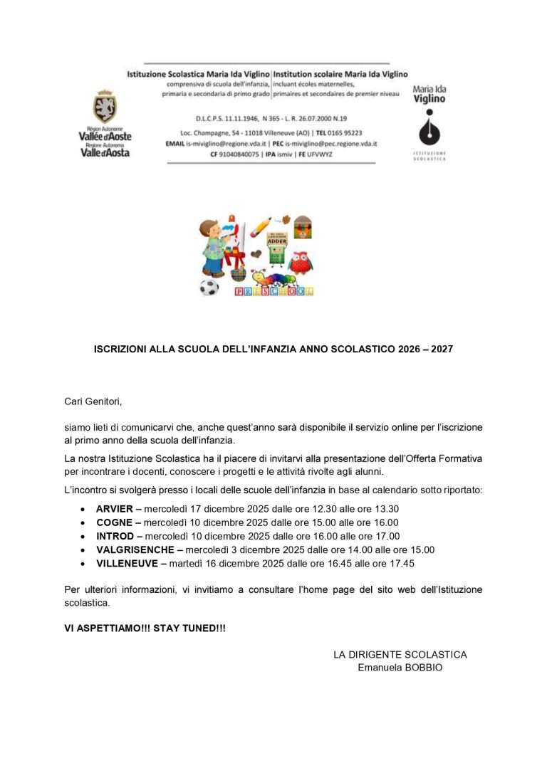Iscrizioni alla scuola dell’infanzia – Anno scolastico 2026-2027