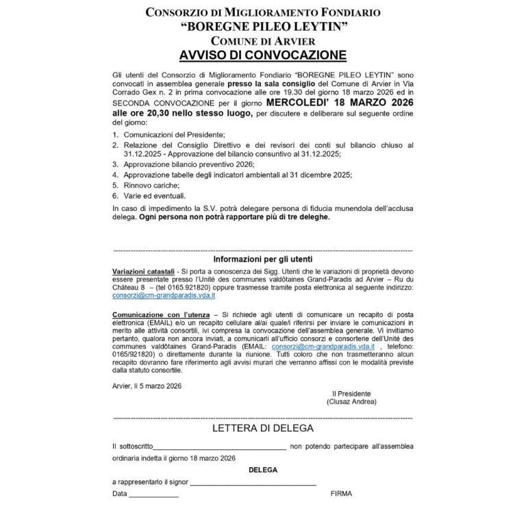 Convocazione Assemblea Generale CMF Borègne Pileo Leytin in programma per mercoledì 18 marzo 2026