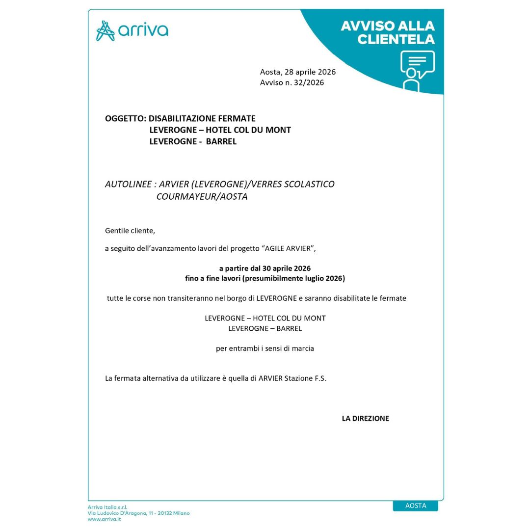 Arriva Italia – Autolinee Arvier (Leverogne)/Verres scolastico e Courmayeur/Aosta – Comunicazione disabilitazione temporanea fermate Leverogne-Hotel Col du Mont e Leverogne-Barrel.