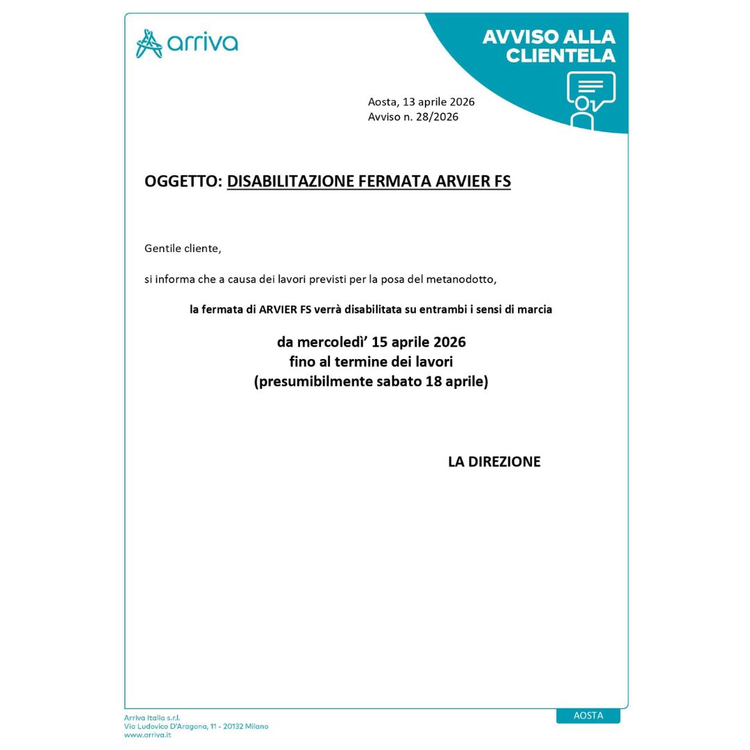 Arriva Italia – Comunicazione disabilitazione temporanea Fermata Arvier FS