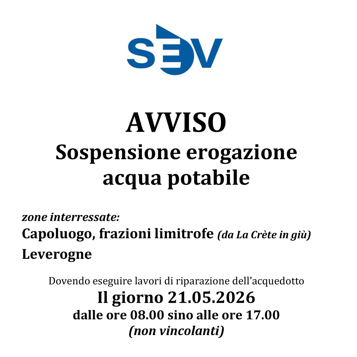 Avviso sospensione erogazione acqua potabile – giovedì 21 maggio 2026